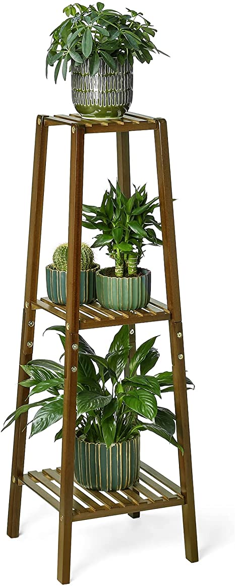 POTEY 3 Tier Tall Plant Stand, Bamboo Corner Plant Stands for Indoor Plants Multiple, Ladder Plant Shelf Rack for Patio Garden, Living Room, Balcony (Brown)