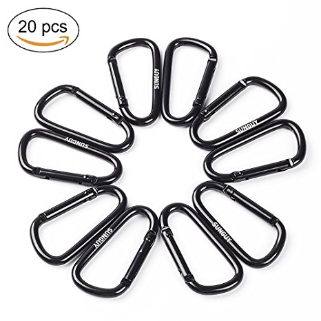 SUNGUY 2"/5cm D Shape Spring-loaded Gate Aluminum Carabiner for Home, Rv, Camping, Fishing, Hiking, Traveling and Keychain 20PCS / 50PCS Black