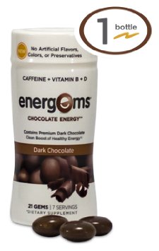 Energems Dark Chocolate Energy Boost with Caffeine, Vitamin B, Vitamin D, Antioxidants, plus L-Theanine- 21 Dietary Supplement Gems (1 Bottle- Dark Chocolate)