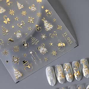 PrettyDiva Christmas Nail Art Stickers - 3D Xmas Nail Art Sticker Decals for Winter Holiday, Gold Christmas Nail Stickers Self-Adhesive Nail Decals with Charms DIY Nail Decoration