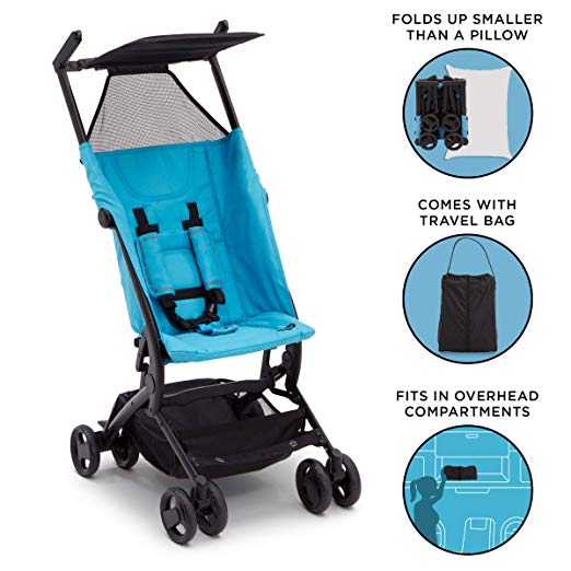 Delta Children Ultimate Fold N Go Compact Travel Stroller | Foldable Travel Bag | Umbrella Canopy | Storage Basket | Aqua Blue