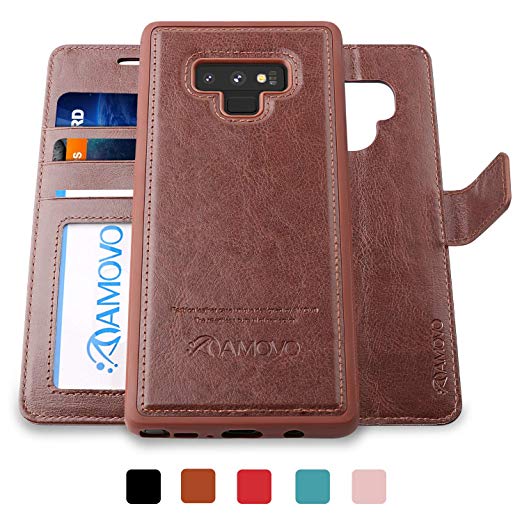 AMOVO Case for Galaxy Note 9 [2 in 1] Samsung Galaxy Note 9 Wallet Case [Detachable Folio] [Vegan Leather] [Wrist Strap] [Card Slot] [Kickstand] Note 9 Flip Case with Gift Box Package (Note 9, Brown)