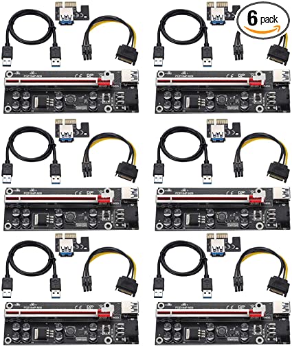 MZHOU PCI-E 1X to 16X V009S-PLUS Riser Card - Graphics Extension Powered Riser Adapter Card for GPU Mining with 24in USB 3.0 Extension Cable & 6PIN SATA Power Cable（Black-6 Pieces）