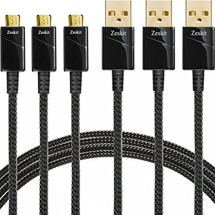 Zeskit Gold Plated Micro USB Charging and Sync Cable - Quick Charge Supported - Durable Anti-Scratches Housing & Nylon Braided - for Samsung Moto HTC Nexus Android Smartphones and More (6.5ft, 3 Pack)