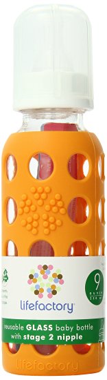 Lifefactory 9-Ounce BPA-Free Glass Baby Bottle with Protective Silicone Sleeve and Stage 2 Nipple, Orange