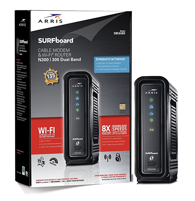ARRIS SURFboard SBG6580 DOCSIS 3.0 Cable Modem/ Wi-Fi N300 2.4Ghz   N300 5GHz Dual Band Router - Retail Packaging Black (570763-006-00)