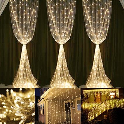 LE 19.68*9.84ft 600 LED Window Lights, Curtain Icicle Lights, 8 Modes Linkable Design, Warm White, Fairy String Lights for Christmas/Wedding/Party Decorations