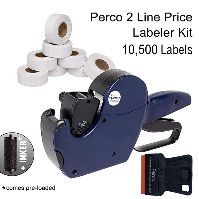 Perco 2 Line Price Gun Labeler Kit - Includes 2 Line Pricing Gun, 10,500 Plain White Labels, and Preloaded Inker