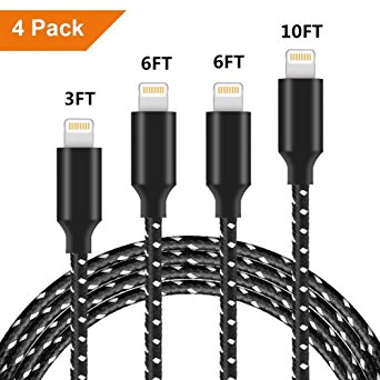 [4 Pack] Lightning cable, [3FT 6FT 6FT 10FT] Durable Nylon Braided Lightning Cord, Data Syncing and Charging Cable Compatible with iPhone X/8/8Plus/7/7 Plus/6/6Plus/6S Plus/5/5s,iPad,iPod