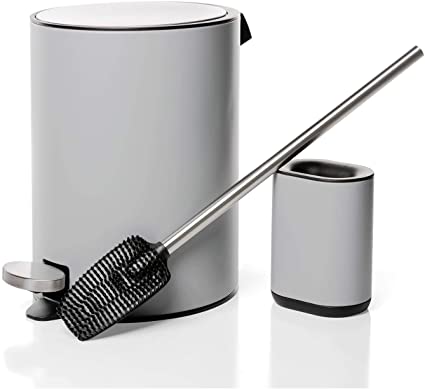 JFB Home Bathroom Toilet Brush and Holder with 5L Trash Can – Flexible TPR Toilet Cleaning Brush Conforms to Bowl Contours for Scratch-Free Removal of Stains and Debris (Matte Grey)