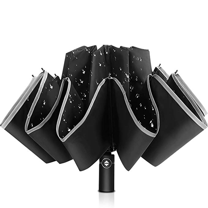 Bodyguard Inverted Umbrella, Windproof Umbrella, 12 Ribs Reverse Umbrella with Reflective Stripe, Teflon Umbrella in Rain and Sun for Women and Men