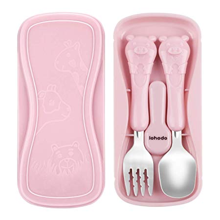 Toddler Utensils Kids Silverware Set Baby Spoon and Fork for Self Feeding Learning 18/8 Stainless Steel BPA Free Cute Pig Flatware for Child with Travel Case