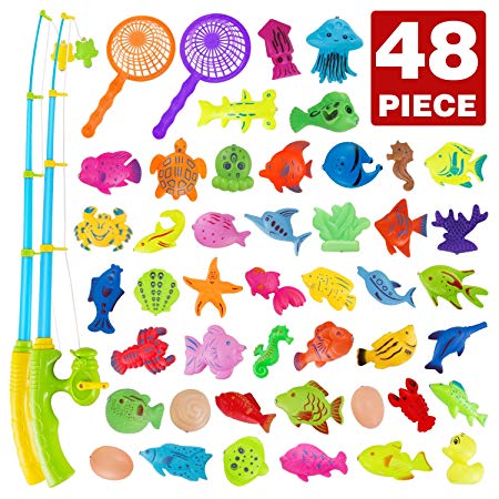 Fishing Bath Toy,48 Piece Magnetic Fishing Floating Toy,Water Scoop Fish Net Game in Bathtub Bathroom Pool Bath Time,Learning Education Toys For Boys Girls Toddlers Party Favors