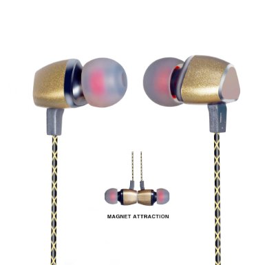 EarphonesMagnet Attraction In-Ear Earbuds Heaphones headset with Mic Microphone and Stereo Bass Golden