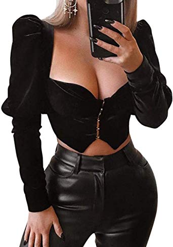 Rozegaga Womens Sexy Velvet Square Neck Long Sleeve Karla Corset Crop Top Shirts
