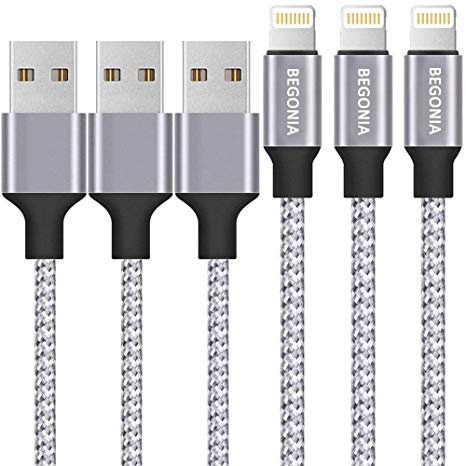 Begonia Nylon Braided USB Cable 3PACK (6FT) Phone Charger Fast Charging Cable Cord Compatible Phone X/Phone 8/8 Plus/7/7 Plus/6/6s/6 plus/6s plus/5s/5c,Pad,Pod & More (White)