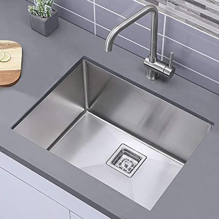 Comllen Modern Commercial 24 Inch 304 Stainless Steel Kitchen Sink,Single Bowl Kitchen Sink 12 Inch Deep Handmade Undermount Modern Kitchen Sink