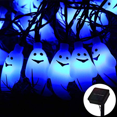 Halloween Ghost String Lights, ZALALOVA  21.3ft 30LEDs Solar Powered Waterproof 8 Modes Ghost String Lights for Halloween Horror Nights Decorations Indoor Outdoor Garden Lawn Home Party(Multicolor）