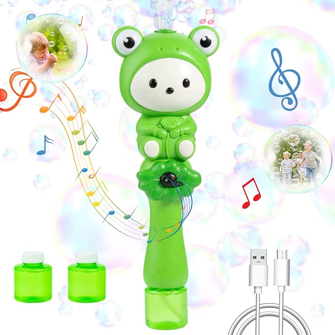Bubble Wand Machine For Kids, Automatic Electric Cartoon Frog Musical & Light USB Rechargeable Bubble Maker With 2 Bubble Solutions For Outdoor, Green Gifts Toys For Boys & Girls 3 4 5 6 7 8 Years Old