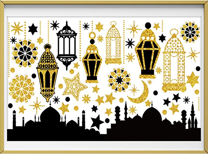 Ramadan Mubarak Window Clings Eid Mubarak Window Stickers Party Supplies Decorations Muslim Happiness Ramadan Eid Al-fitr Window Decor Ramadan Kareem Cut-Out Decals for Window (Black and Gold)