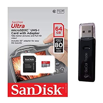 SanDisk Ultra 64GB UHS-I Class 10 MicroSDXC Memory Card with Adapter and USB 2.0 MemoryMarket Dual SlotMemory Card Reader