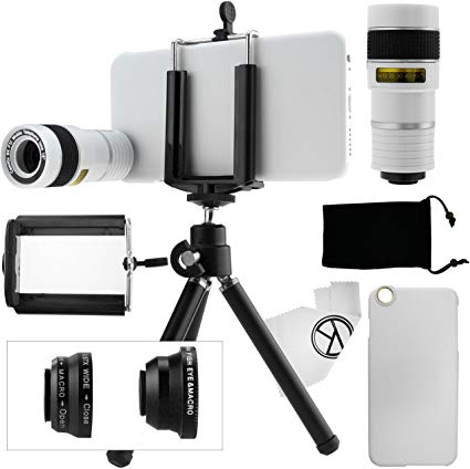iPhone 6 / 6S Camera Lens Kit including 8X Telephoto Lens / Mini Tripod / Universal Phone Holder / Hard Case for iPhone 6 /6S / Velvet Phone Bag / CamKix Microfiber Cleaning Cloth -Awesome Accessories and Attachments for Your Apple iPhone 6 / 6S Camera (White)