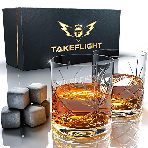 Whiskey Glasses and Whiskey Stones - Premium Whiskey Glass Set, 2 Ornate Style Glasses for Scotch or Bourbon in Gift Box | Bar Set for Man Cave, Gift for Man or Woman
