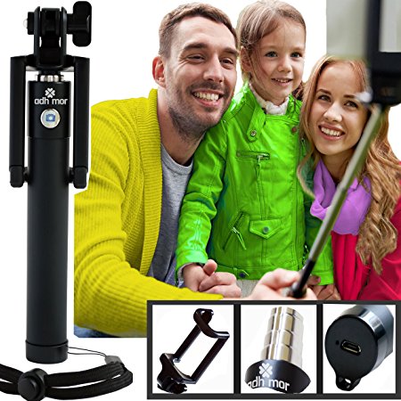 Selfie Stick, Adhmor. One Piece U Shape Self-Portrait Extendable Monopod for iPhone 6 6plus 5S 5 5c 4S Samsung Galaxy S4 S5 S6 Android Smartphones with built-in Bluetooth Remote Shutter. Black