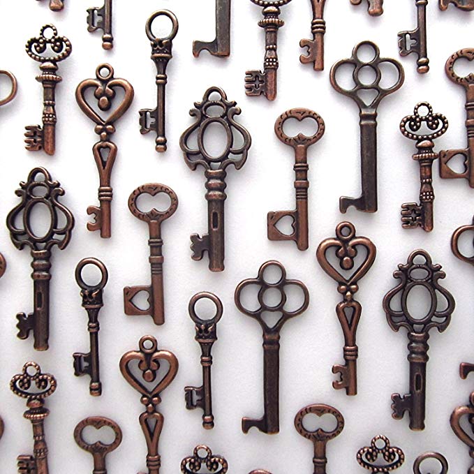 Salome Idea Skeleton Key Charm Set in Antique Copper (48 Charms) 6 Different Styles ¨C Vintage Style Key Charms (Copper Color)