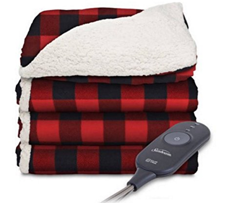 Sunbeam Electric Throw - Reversible Imperial Plush with Sherpa - Premium Sherpa and Ultra Soft with 3 Heat Settings and 3 Hour Auto-off, Plaid Red and Black on White Sherpa, 50 x 60