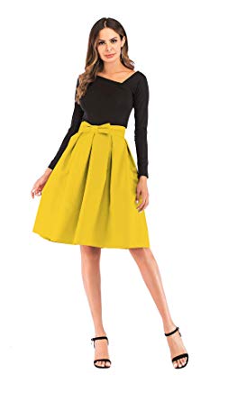 Hanlolo Womens 50s Vintage Skirt Knee Length High Waist Pleated Midi Bow Skirts