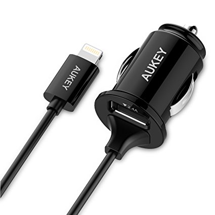 AUKEY Car Charger 4.8A / 24W Dual USB Port built in a MFI Lightning Cable for iPhone 6s, iPhone 6, iPad Air 2, Samsung Galaxy S7 and other devices (Black)