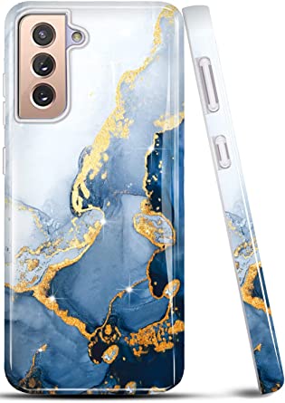 luolnh Galaxy S21 Case,Samsung Galaxy S21 Case for Girl Woman,Brilliant Marble Design Shockproof Soft Silicone Rubber TPU Bumper Cover Skin Phone Case for Samsung S21 5G 6.2 Inch(White&Dark Blue)