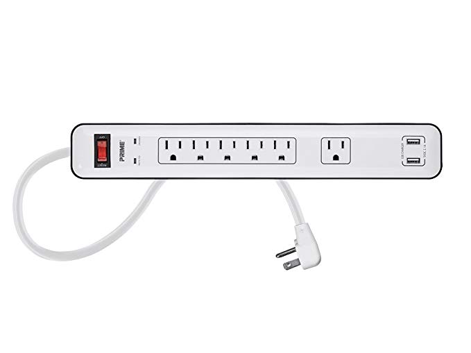 Monoprice 6 Outlet Surge Protector Power Strip With 2 Built In 2.1A USB Charging Ports - White - 4ft Cord | ETL Rated 1,800 Joules With Right Angled Plug And Grounded/Protected Light Indicator