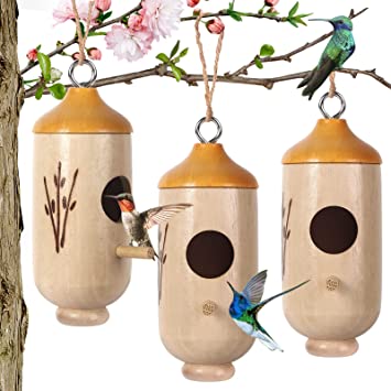 Hummingbird House for Outside Hanging for Nesting,Wooden Humming Bird Nest 3 Pcs with Hemp Ropes (Type B)