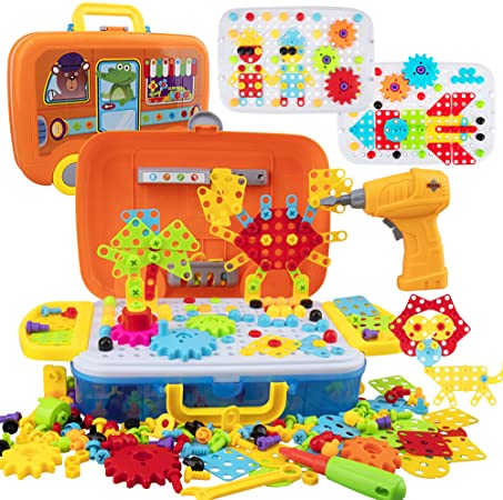 WISESTAR 380PCS Electric Drills Toy Set for Kids, 3D Design STEM Toy Drilling Set with Board, Screw Driver, Trendy Bits, Building Blocks for Boys Girls, Educational Tool Christmas Birthday Gift