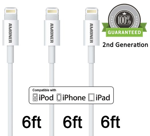 Amoner 3Pack 6FT Extra Long Tangle Free Lightning to USB Charging Cable Cord for Apple iPhone 66s6 plus6s plus 5c5s5 iPad AirMini iPod NanoTouch