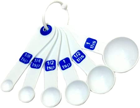 Chef Craft Select Plastic 6 Piece Measuring Spoon Set, 1/8 tsp, 1/4 tsp, 1/2 tsp, 1 tsp, 1/2 tbsp, 1 tbsp, White with Blue