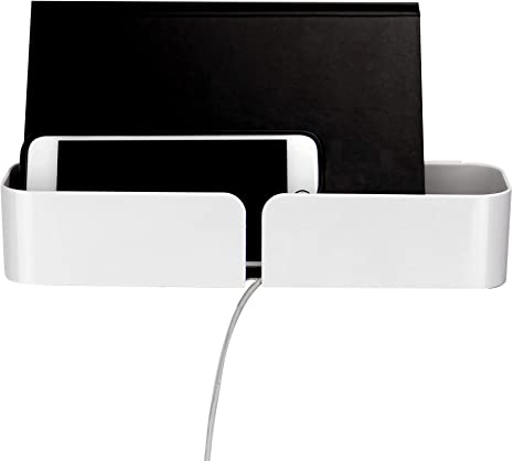 White Bedside Shelf | Floating Shelf Caddy | Adhesive Wall Shelf | Phone Charging Stand | Multiple Fixings Included | Pukkr