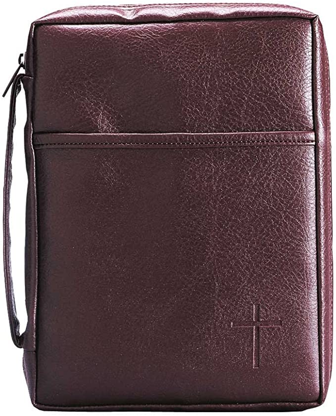 Burgundy Embossed Cross with Front Pocket Leather Look Bible Cover with Handle, Large