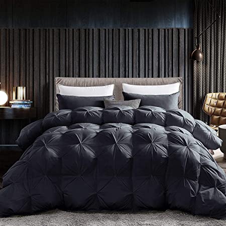 Luxurious Goose Down Comforter, Exquisite Pinch Pleat Design, Palatial King Black 120 x 98  , 1200 Thread Count 100% Egyptian Cotton, 750+ Fill Power, 80 oz Fill Weight