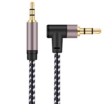 3.5mm Audio Cable 6FT, 90 Degree Right Angle Male to Male Auxiliary Stereo HiFi Cable Gold Plated Nylon Braid Audio Cord with Silver-Plating Copper Core Compatible with Car, iPhones, Tablets