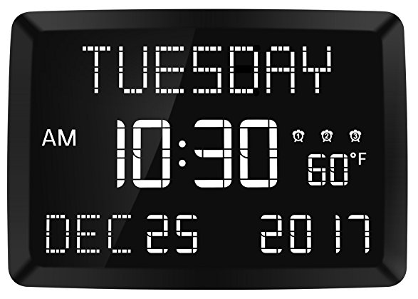 Mesqool 11.5” Digital LED Calender Day Clock with Temperature, Date and Time, Dual USB Charging, 3 Alarms, 5 Dim Options, Battery Backup