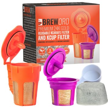 Brew-Oro 24K Gold Reusable K Cup and K Carafe Coffee Filter Pod - Accessories for Keurig 2.0 K200, K300, K400, K500 Series and 1.0 Brewers - Bonus Water Filter Cartridge and Coffee Scoop