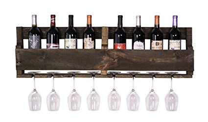 DAKODA LOVE - The Olivia Wine Rack, USA Handmade Reclaimed Wood, Wall Mounted, 8 Bottle 8 Long Stem Glass Holder (Dark Walnut)