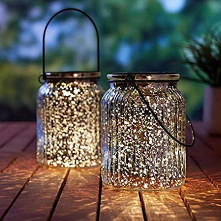 SUNWIND Solar Mercury Glass Jar Lights - 2 Pack Silver Table Lamps Hanging Indoor Outdoor Lights for Patio Garden Lawn Wall Decor (Silver1)