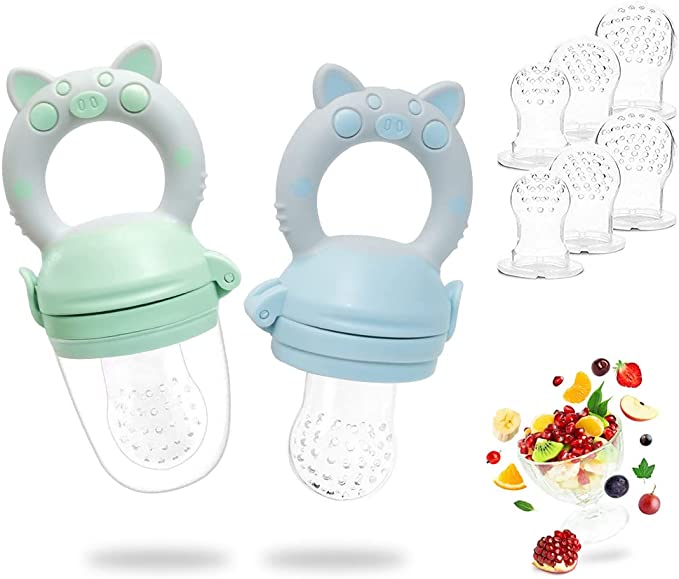 Baby Food Feeder - RIGHTWELL 2 Pack Fruit Feeder with 6 Replacement Nipples - Pacifier Infant Fresh Fruit Silicone Nipple Teething Toy Teether in Appetite Stimulating Colors