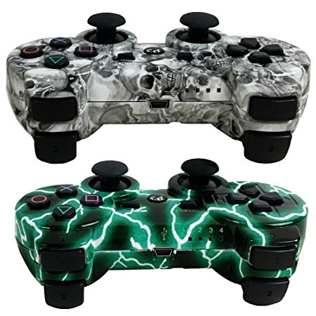 MKK 2 Pack Wireless Bluetooth Double Vibration Gamepad Game Gaming Controllers for PS3- 1 Green Lightning and 1 Skull