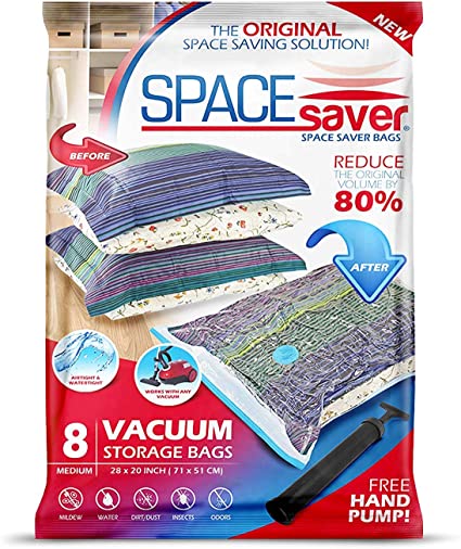 Spacesaver Premium Vacuum Storage Bags. 80% More Storage! Hand-Pump for Travel! Double-Zip Seal and Triple Seal Turbo-Valve for Max Space Saving! (Medium 8 Pack)
