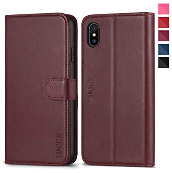iPhone Xs Case, TUCCH iPhone Xs Leather Wallet Case Support Auto Sleep Wake Wireless Charging RFID Card Holder Magnetic Closure Folio Cover Compatible with iPhone Xs (5.8 Inch) - Wine Red